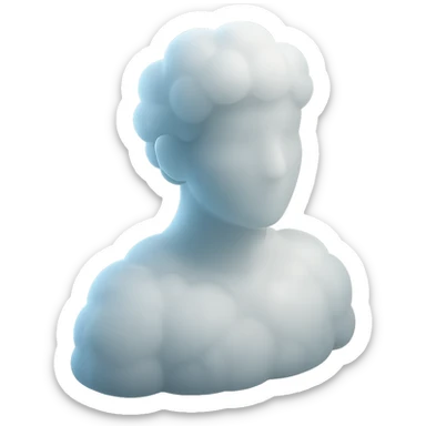 person looking straight, fully made of white fluffy convex clouds, shoulder up, matte glass style sticker
