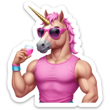 friendly anthropomorphised masculine unicorn with horse-like face, muscular bodybuilder build, in tutu and pink t-shirt, wearing dark sunglasses, relaxed pose, close-crop head and shoulders portrait sticker