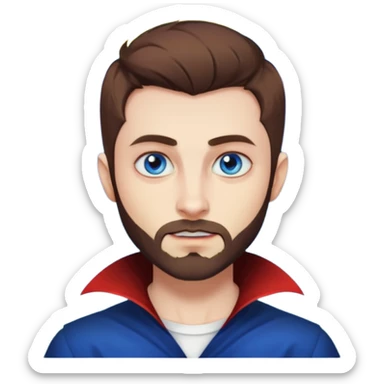 Vampire with blue eyes, short brown hair, short beard/scruff and rainbow moon behind him sticker