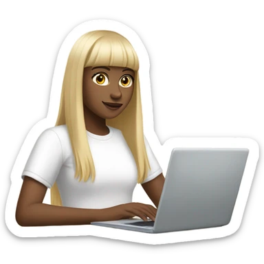 a girl with long dark straight hair and bangs, with fair, blond skin, working with a laptop (she is a marketer). wearing a white oversized t-shirt sticker