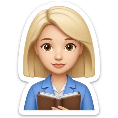 Cute female psychologist character, friendly and professional, holding a notebook, therapy office background, cartoon style, white background sticker