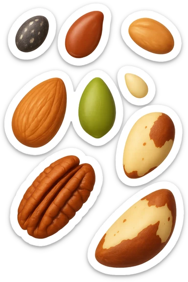 emoji stile iphone 3d di questi elementi che fluttuano in aria:

Semi di chia, lino, zucca, sesamo
Mandorle, noci pecan, noci brasiliane (porzioni limitate)

 che fluttuano sparse casualmente in aria, iperealistico 4k sticker