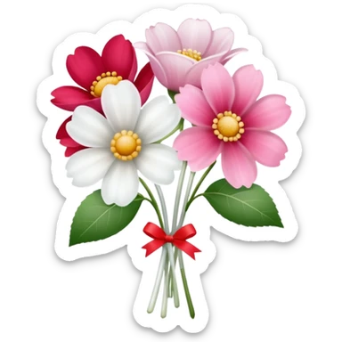 One pink flower and one white flower in transparent bouquet with red band  sticker