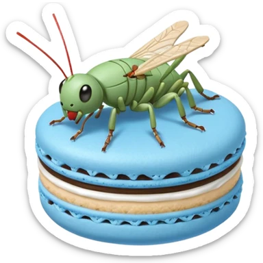 A cartoon cricket on a blue macaron with white frosting to be an icon image sticker