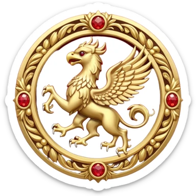 Golden griffin crest / brosch in a circle with red gems and no background sticker