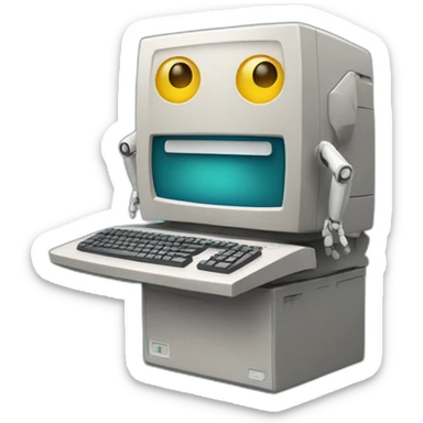 Anthropomorphic computer with a face, arms and legs doing something random sticker