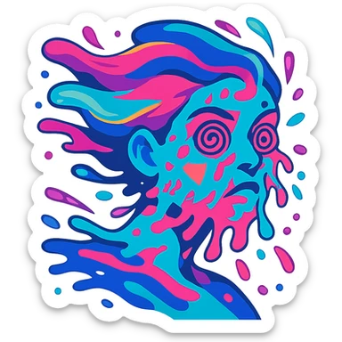 surreal portrait, neon turquoise and electric pink skin, face melting into swirling paint particles, hair as liquid aurora, spiral eyes, geometric shapes on face, dynamic movement sticker