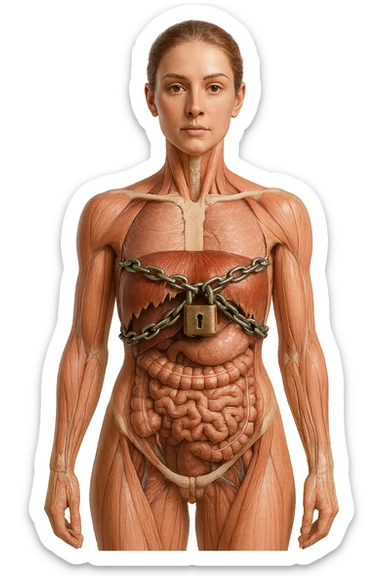 corpo umano anatomico di una donna con diaframma in evidenza, diaframma chiuso da catena e lucchetto, iperrealistica 4k sticker