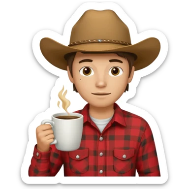 generate an ios genmoji of a 20 year old tan boy with a cowboy hat and side burns. Wearing a flannel and carrying a coffee mug sticker