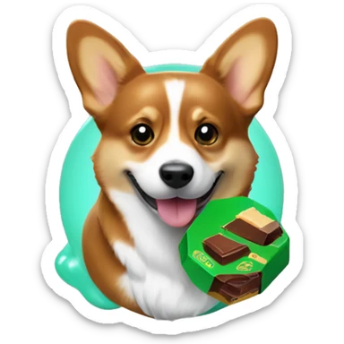 a corgi next to “dubai chocolate” which is a brown chocolate with a green filling inside it sticker