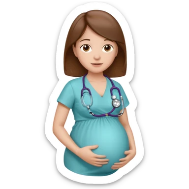 A pregnant woman with long brown hair and belly with a stethoscope sticker