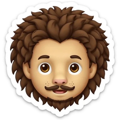 Make a cute boy lion with curly dark brown hair with a disconnected goatee and medium skin with a thin mustache sticker
