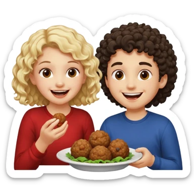 Ragazza bionda leggermente riccia che ride ad un ragazzo con i capelli ricci scuri mentre mangia polpette sticker