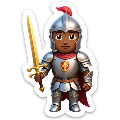 Clash of Clans aesthetic: Cinematic Playful Armored Knight Hero Emoji, rendered in a 3D vector-style similar to standard emojis with minimal shading and bold, simplified shapes. A compact, isometric warrior clad in gleaming plate armor with intricate heraldic details, softly glowing with a chivalrous medieval charm. Simplified yet unmistakably iconic, highly detailed and consistent, glowing with a soft radiant shine and high polish. Stylized with a touch of noble valor and a soft glowing outline, capturing the essence of a gallant knight ready for honorable battle with a friendly, playful manner! sticker