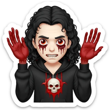 Vampire wearing a black hoodie with a skull logo on it, long curly hair that covers the forehead, fanged teeth and blood on hands sticker