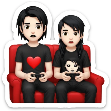 pale Goth boy with a bunch of face piercings, with shaggy dark brown hair, smudged, red, lipstick next to a tan gamer boy with long black hair , they are watching tv together  sticker
