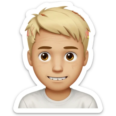 Male with short, messy blonde hair, large expressive golden-brown eyes, light brown skin, subtle facial bruises and scratches, crooked smile showing slightly damaged teeth, wearing a plain white t-shirt, friendly but creepy expression.
 sticker