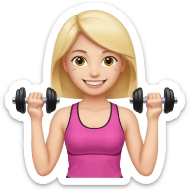 woman holding dumbbell in one hand and face roller in another, smiling, emoji style sticker