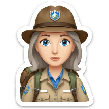 white woman park ranger with blue eyes, brown and gray hair, wearing a backpack sticker