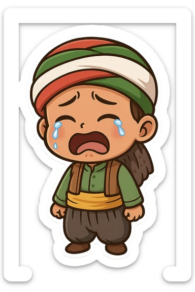 Cartoon sticker of a Kurdish child in traditional Kurdish child clothing, colorful and cheerful style, sad face with crying expression, no text, suitable for WhatsApp and Instagram, transparent background. sticker