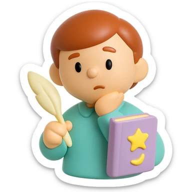 beginner author, holding a quill and a fantasy book, looking thoughtful sticker