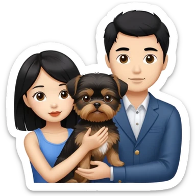 beautiful asian girl with black hair holding a yorkshire terrier, standing next to her tanned boyfriend holding a shih tzu sticker