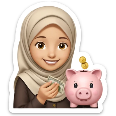 smiling Muslim girl carefully putting coins and bills into piggy bank, emoji style sticker