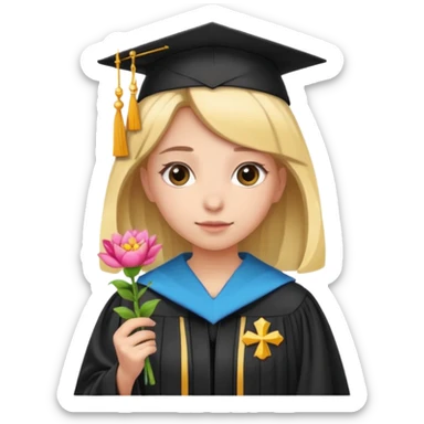 girl with a flower tiara, graduation robe, and law symbol sticker