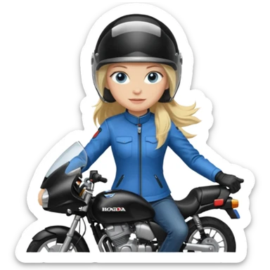 moça loira de cabelo comprido e olhos azuis com capacete em moto honda 150 preta em cima da moto sticker