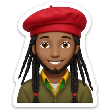 young Black man with long black dreadlocks tied back, wearing a red beret, reggae style, smiling sticker