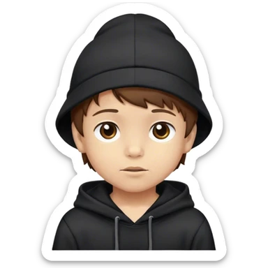 Light skin little boy with a black hat on his head and wearing a black hoodie with brown hair sticker
