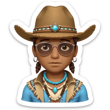 cute Indigenous tribal male portrait, head and shoulders only, cowboy hat, sunglasses, tribal jewelry, confident expression, 3D cartoon, mobile game icon style, clean background, no text, no watermark
 sticker