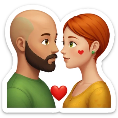 Couple. Bald man with dark brown-black beard. Woman with freckles, white skin and she has orange, auburn-yellow-brown hair. She has light yellow-green-brown eyes. He have hazel eyes. They look at each other. Many small red hearts around them. sticker