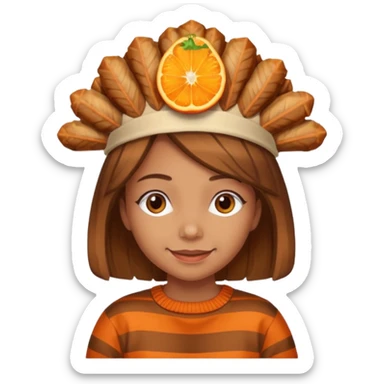 happy tan girl with an orange striped sweater and a cooked browned turkey on her head  sticker