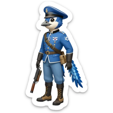 A bluejay bombadier, grenadier, military uniform, bandolier of grenades, bombs, side profile, feet included  sticker