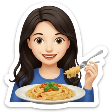 chica joven con piel clara y pelo oscuro largo comiendo un plato de pasta sticker