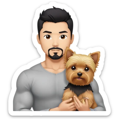 Dark haired Korean Asian handsome muscular man with black pointy hair full goatee.   Holding one blonde yorkie.  sticker