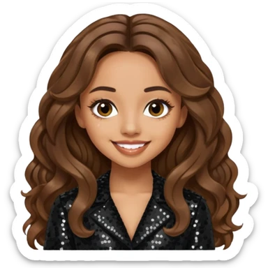 Jade Thirlwall from Little Mix with long brown hair, black sequin outfit sticker