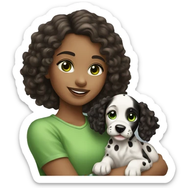 Girl with dark brown curly hair and green eyes is holding Dalmatian puppy sticker