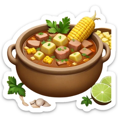 Cinematic Realistic Sancocho Antioqueño Emoji, depicting a hearty Colombian stew brimming with tender cuts of meat, yuca, plantains, corn on the cob, and potatoes in a rich, flavorful broth. Served in a rustic clay bowl with fresh cilantro and lime on the side, rendered with warm, inviting textures and homely, comforting lighting. sticker
