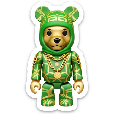 geometric bearbrick with lime balaclava filled with street brand logos graffiti style, wearing multiple heavy gold chains, cuban links and gold medallion, hip hop style sticker