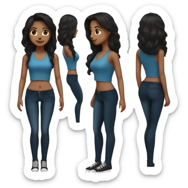 Medium size girl Indian skin tone fair long dark brown hair in blue tank top and black high waist skinny jeans sticker