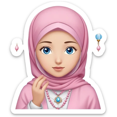 Turkish beautiful finish Konya girl blue eyes with light sakura and pink hijab islamic dress and had in her hand Muslim prayer beads sticker