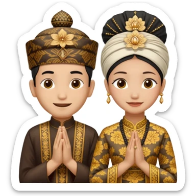 javanese person with shy smile (male) with batik blangkon hat and prayer hand, and also a javanese bride with sanggul or javanese classic updo and a shy smile sticker