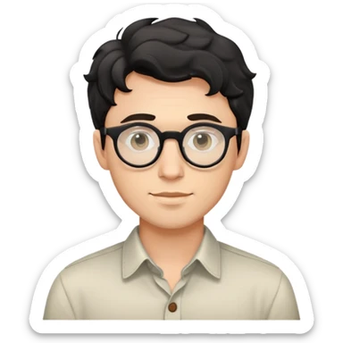 Upper body only of young caucasian man with black wavy hair, round glasses, wearing comfortable buttoned shirt sticker