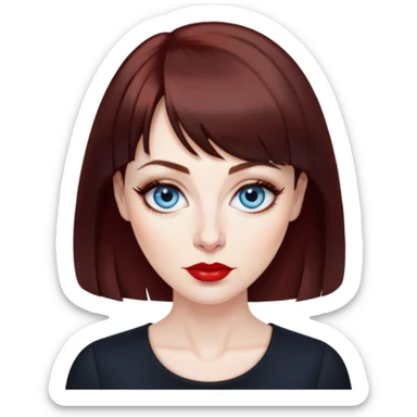 Artistic woman in her 40s with pale skin, oval face, large blue eyes with eyeliner, thin eyebrows, small nose, red lipstick, dark auburn hair with bangs, wearing a black top, mature creative expression sticker