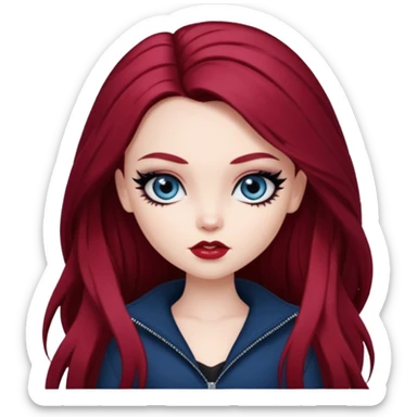 pale skin, girly bratz baddie, beautiful dark blue eyes, sharp black eyeliner, long dark red hair sticker
