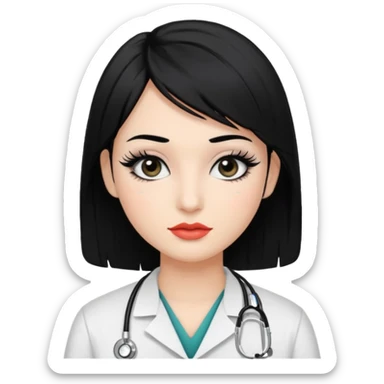 Medical student, black hair, black eyes, false eyelashes, makeup, eyeliner,  sticker