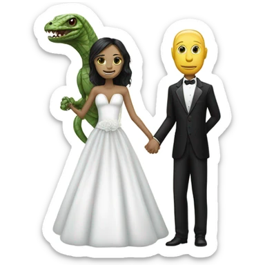 humman man in a tuxedo holding, Alien reprilian woman in wedding dress, and one , hands getting married sticker