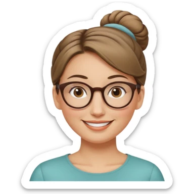 femme de 38 ans avec des cheveux blond foncé sans mèche devant, un chignon haut, yeux bruns, lunettes rondes, visage ovale sticker